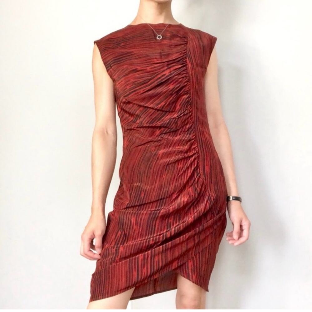 No. 6 Store Red Gathered Ruched Striated Striped 100% Silk Mini Dress 2 M